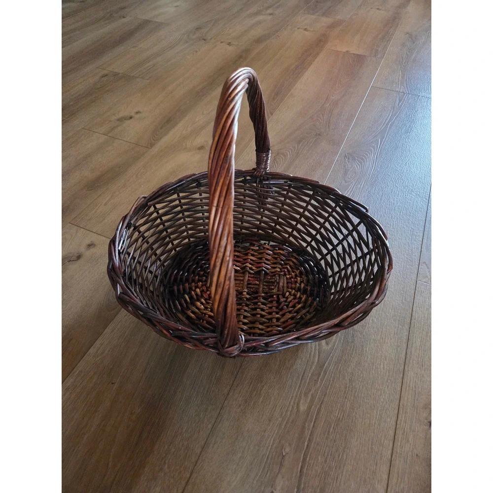Vintage 70s Brown Hand Woven Wicker Harvest Basket Arch Handle Rustic Garden